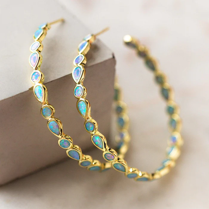 Paige - Vintage Blue Opal Hoop Earrings