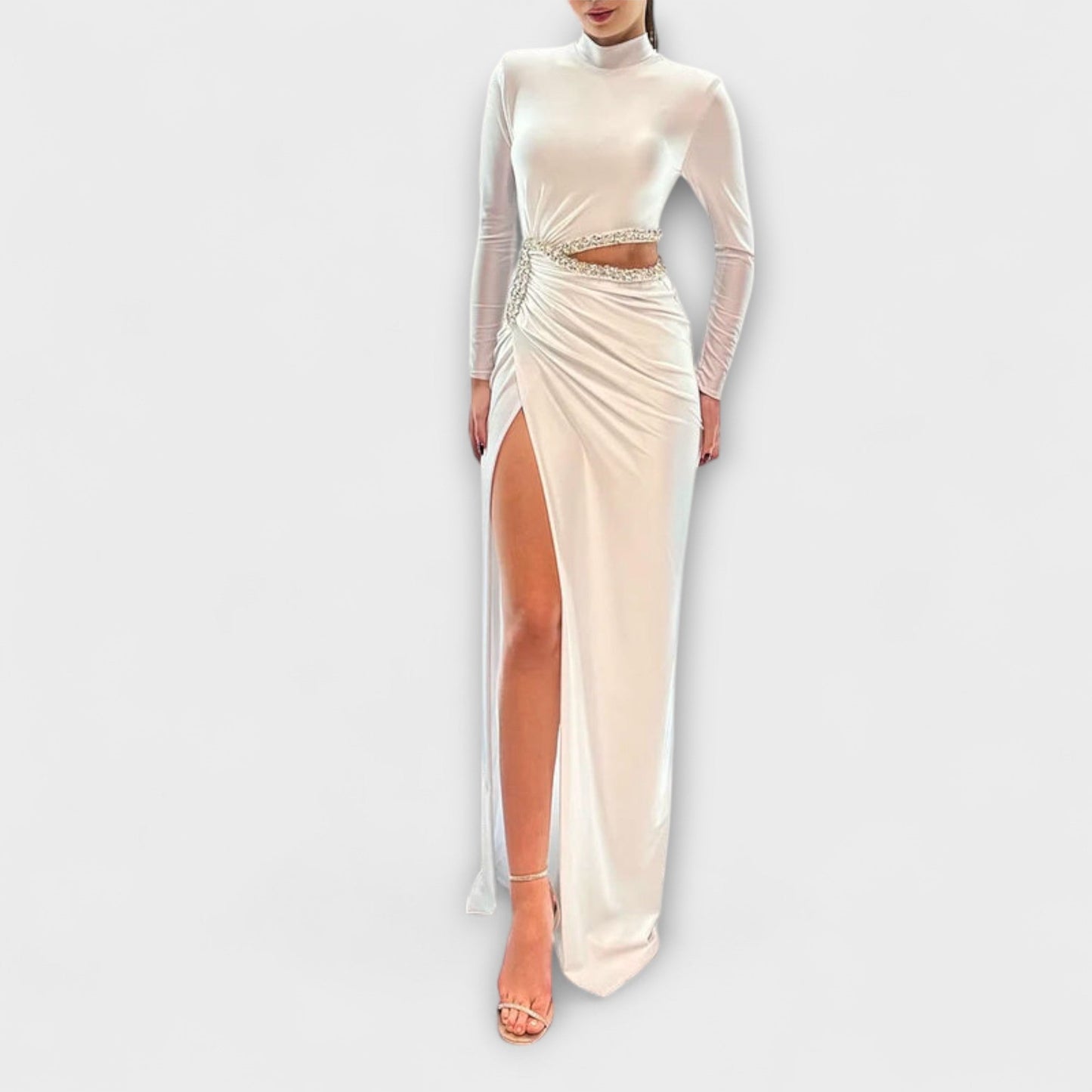 Selah White Long Sleeve Dress with Cutout and Rhinestones for Events