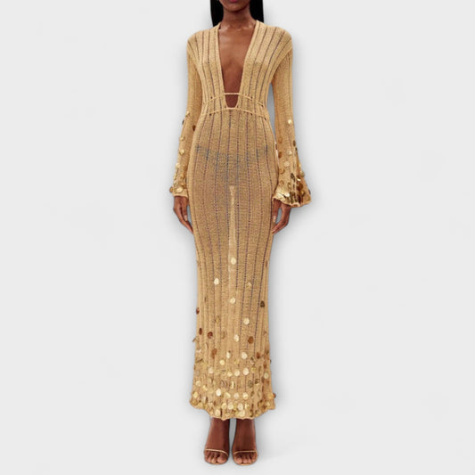 Kathleen Gold Knit Maxi Dress for Chic Events