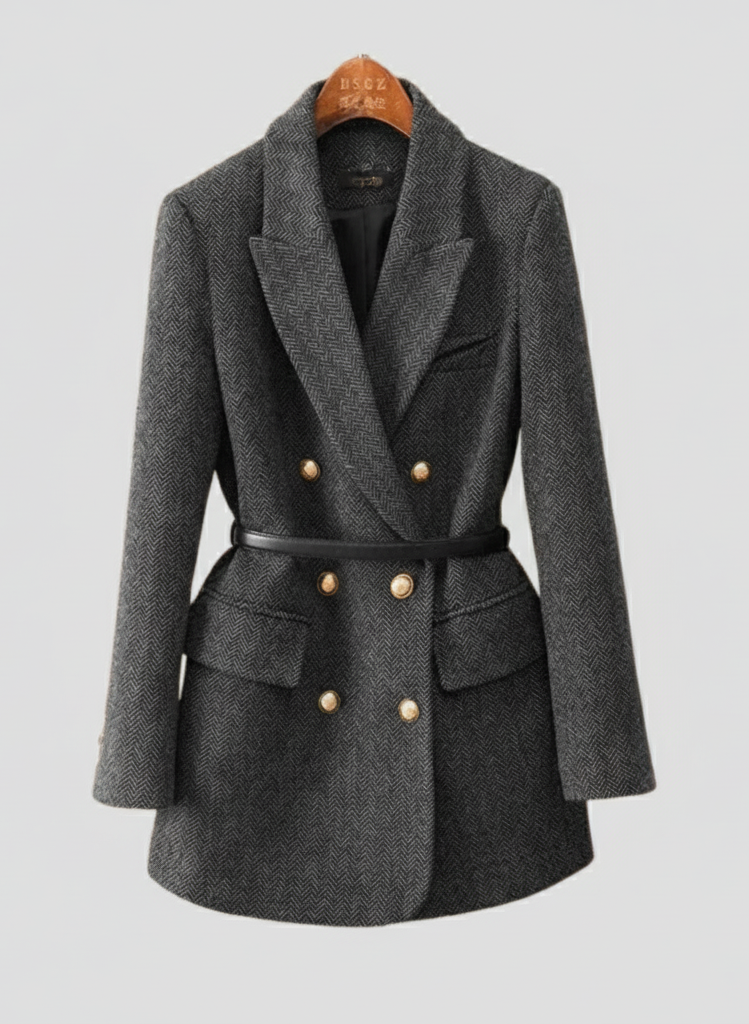 Chic Tweed Blazer Coat for Women - Double-Breasted with Belted Design