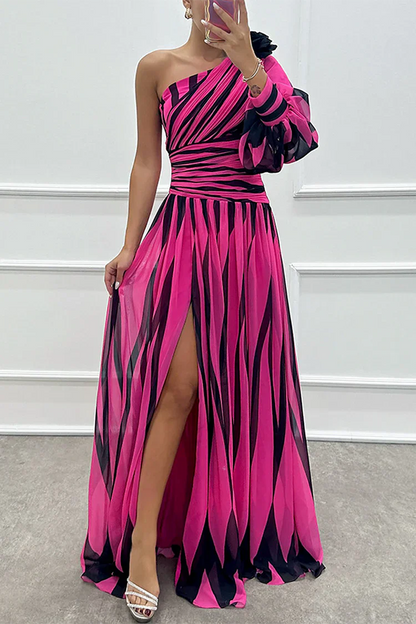 Wedding Guest Dress - Striped One Shoulder Maxi