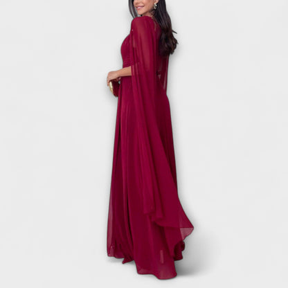 Chic Maxi Dress with Cape Sleeves & High Slit