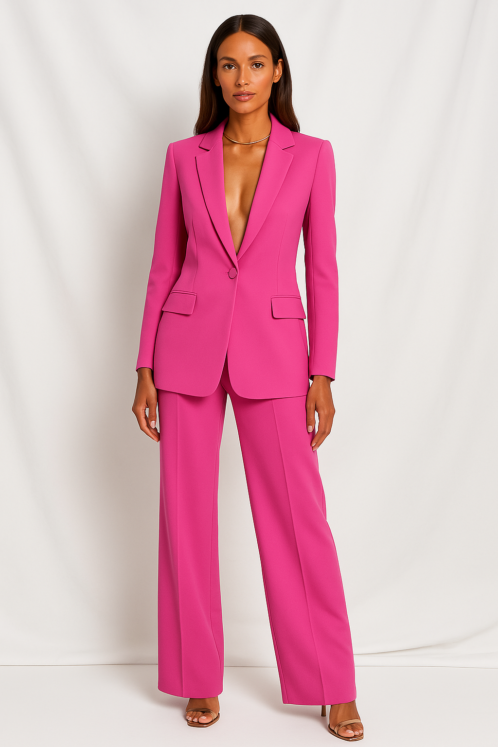 Chic Women's Plunging Trouser Suit – Blazer & Straight-Leg Pants