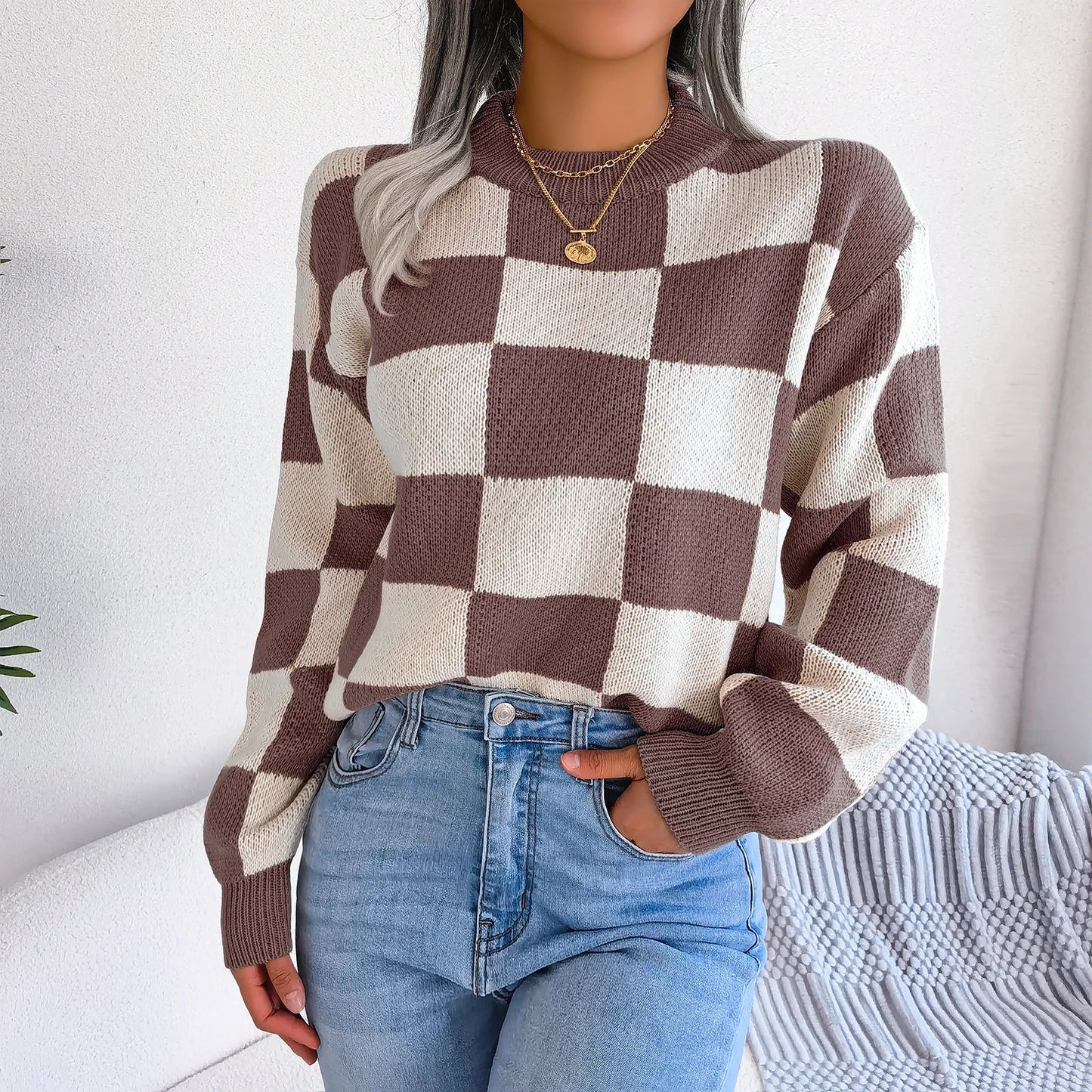 Violet Checkered Knit Sweater for Stylish Occasions