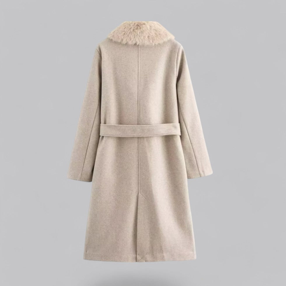 Chic Beige Double-Breasted Trench Coat with Faux Fur Collar for Stylish Outings