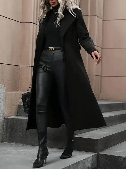 Chic Black Belted Long Trench Coat for Fall & Winter Wear