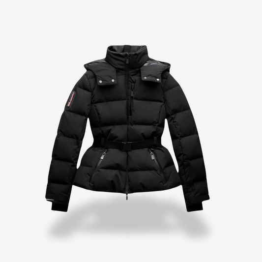 Women's Black Insulated Puffer Jacket with Belt - Ideal for Outdoor Wear