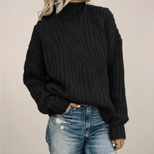 Chic Black Mock Neck Cable Knit Sweater for Any Occasion
