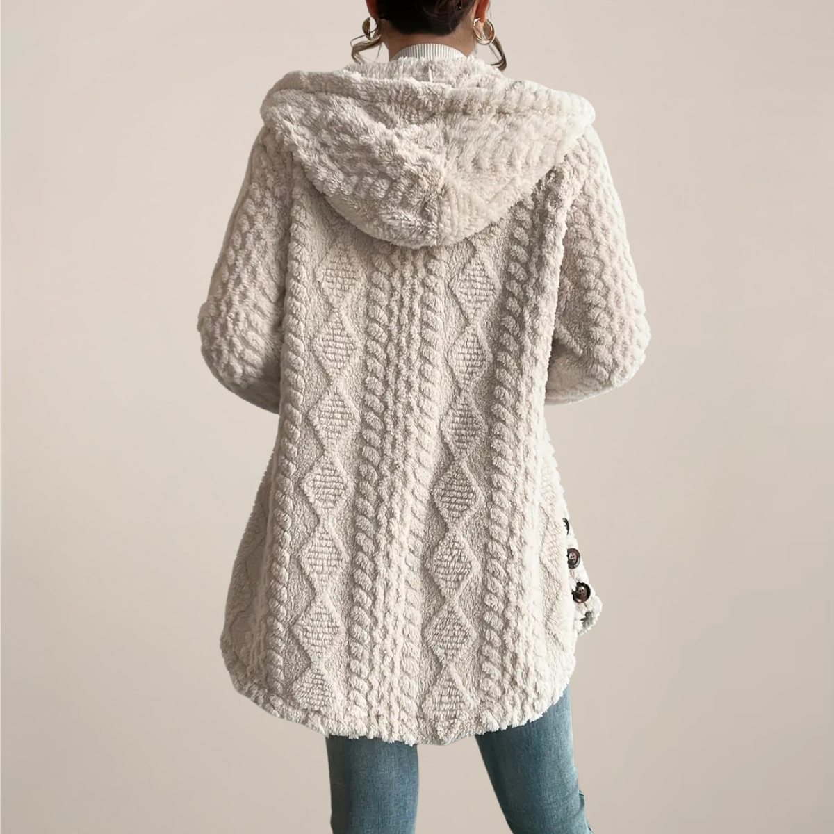 Women’s Cream Jacquard Hooded Coat - Cozy All-Season Jacket