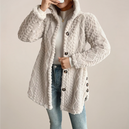 Women’s Cream Jacquard Hooded Coat - Cozy All-Season Jacket