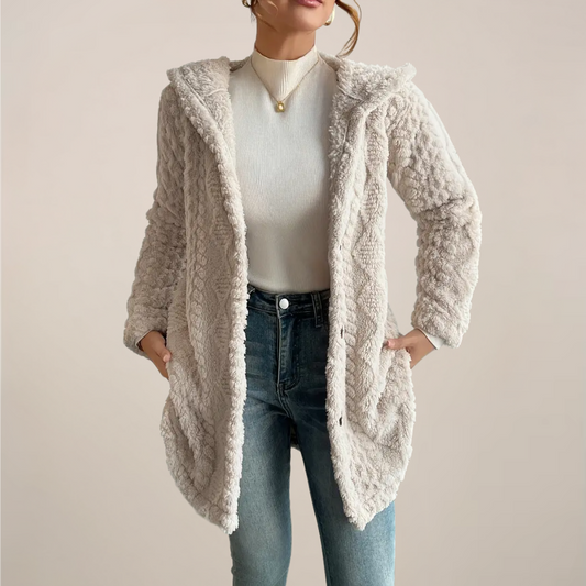 Women’s Cream Jacquard Hooded Coat - Cozy All-Season Jacket