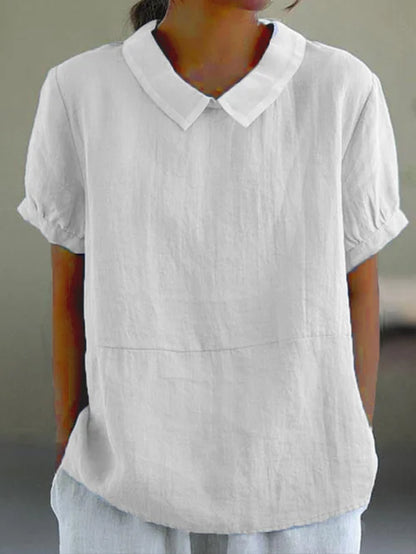Women’s Linen Short Sleeve Blouse with Peter Pan Collar for Everyday Wear