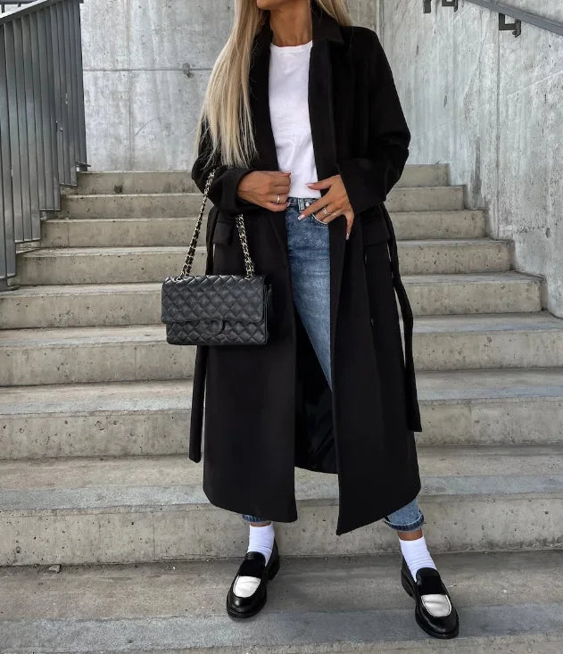 Chic Women’s Long Double-Breasted Winter Coat - Stylish Belted Overcoat