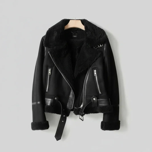 Shearling Biker Jacket for Women - Cozy Sherpa Lining & Stylish Belt