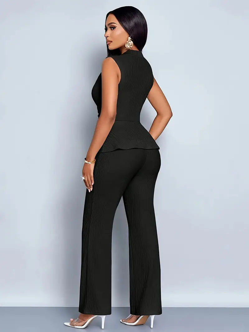 Chic Women's Sleeveless Wrap Top & Flared Pants Ensemble