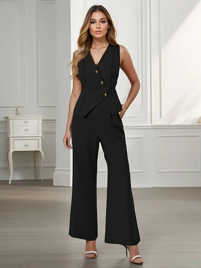 Chic Women's Sleeveless Blazer & Wide-Leg Trousers for Office or Events