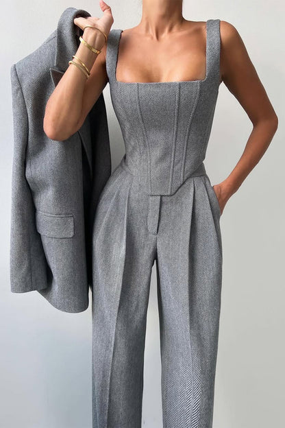 Chic Women's Three-Piece Suit: Blazer, Corset, Wide-Leg Trousers for Stylish Occasions