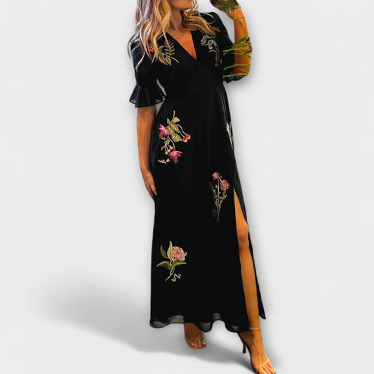 Beatrice - Navy Blue Floral Embroidered Dress for Special Occasions