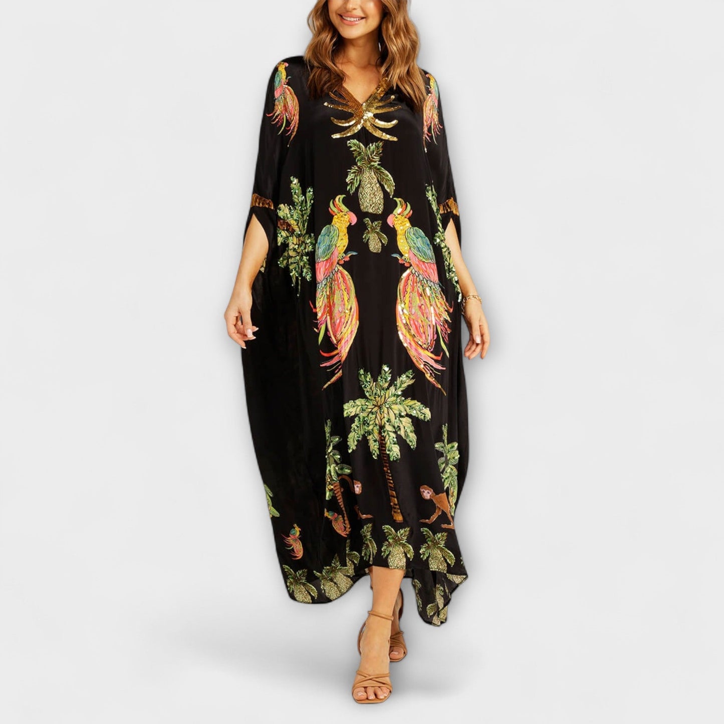 Linda - Chic Asymmetrical Shoulder Dress with Tropical Coconut Tree Design