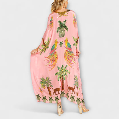 Linda - Chic Asymmetrical Shoulder Dress with Tropical Coconut Tree Design
