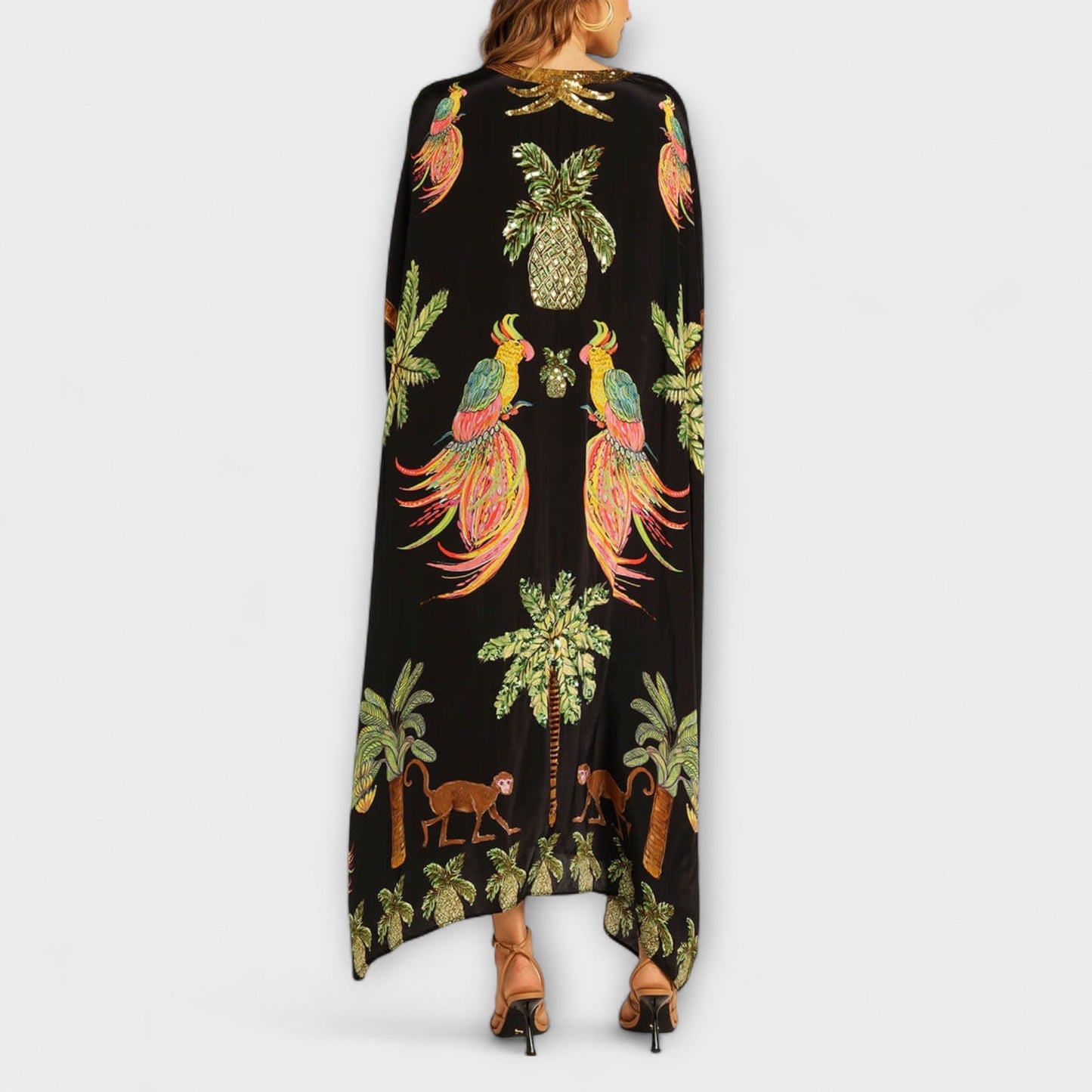 Linda - Chic Asymmetrical Shoulder Dress with Tropical Coconut Tree Design