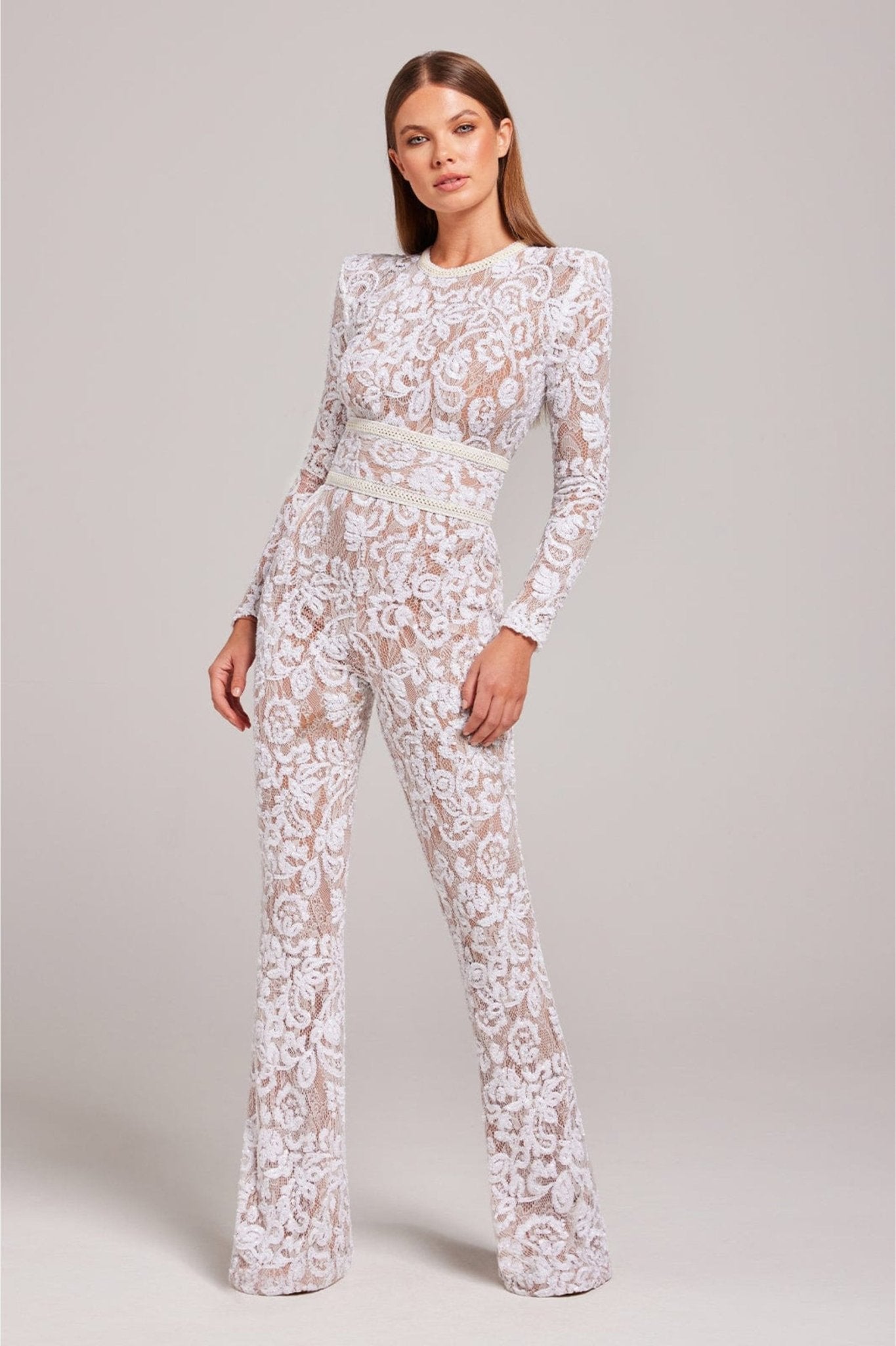Women's Sequin Lace Long Sleeve Jumpsuit | Sheer Accents & Flared Trousers for Parties