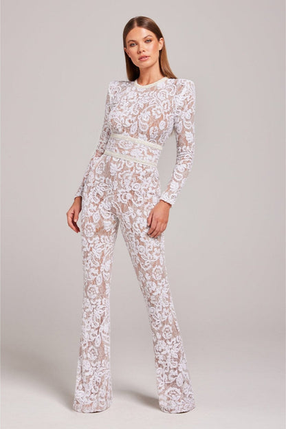 Women's Sequin Lace Long Sleeve Jumpsuit | Sheer Accents & Flared Trousers for Parties