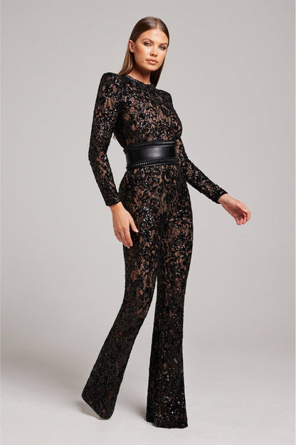 Women's Sequin Lace Long Sleeve Jumpsuit | Sheer Accents & Flared Trousers for Parties