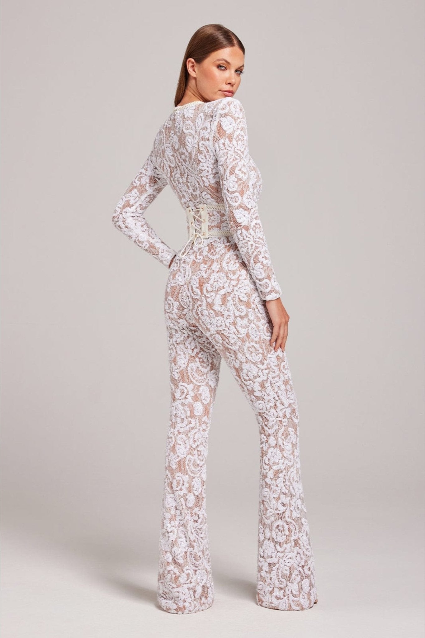 Women's Sequin Lace Long Sleeve Jumpsuit | Sheer Accents & Flared Trousers for Parties