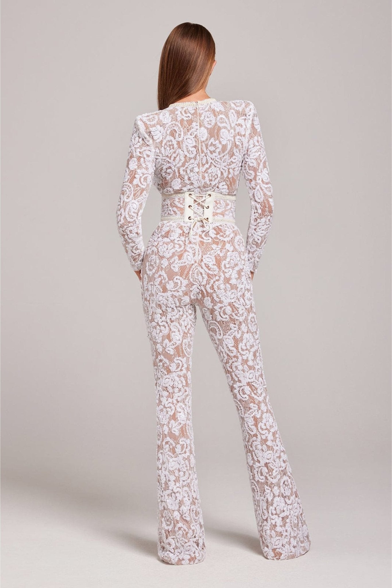 Women's Sequin Lace Long Sleeve Jumpsuit | Sheer Accents & Flared Trousers for Parties